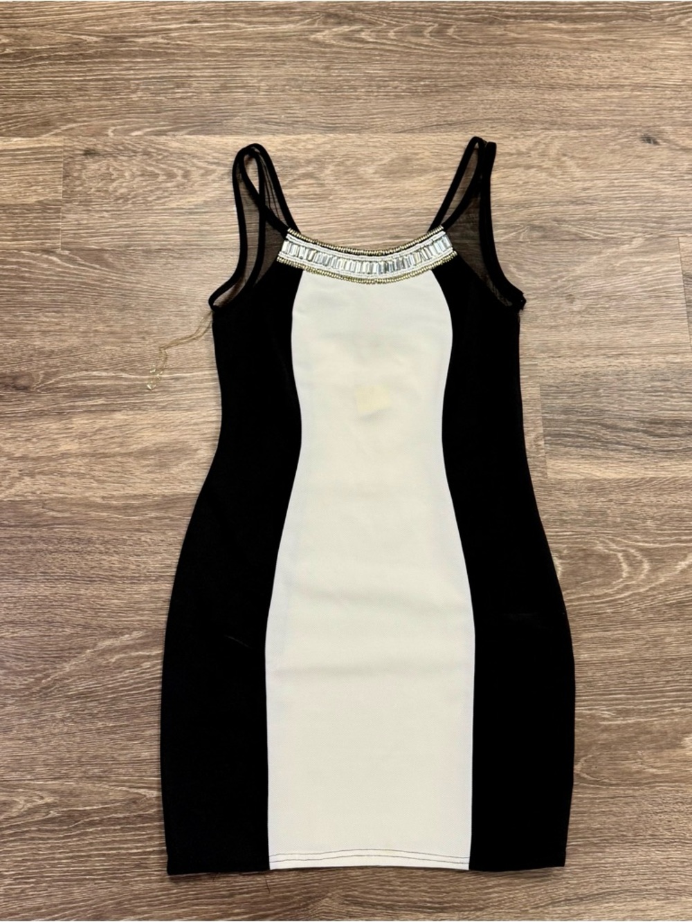 Black White Bodycon Mini Dress Mesh Illusion Beaded Neckline M